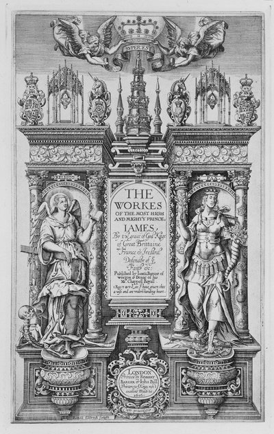 Titelside af James I.s værker, indgraveret af Renold Elstrack (1571-c.1630) 1616 af English School